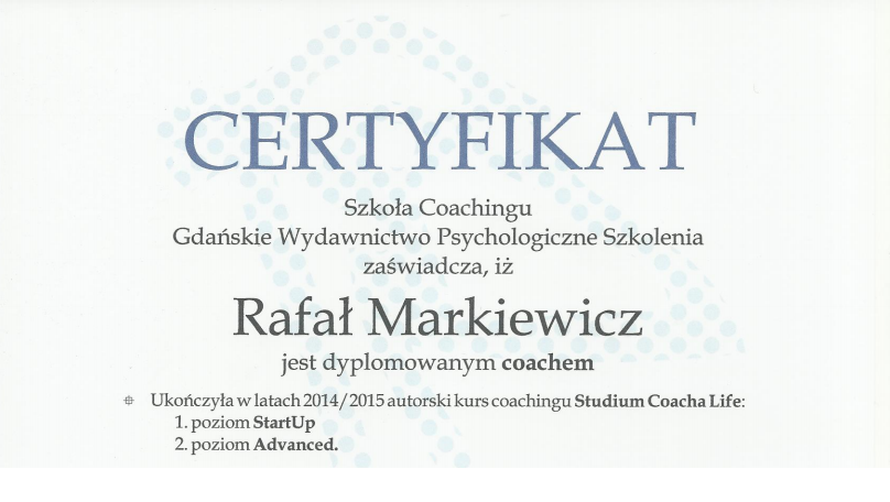Rafał Markiewicz - coach - certyfikat