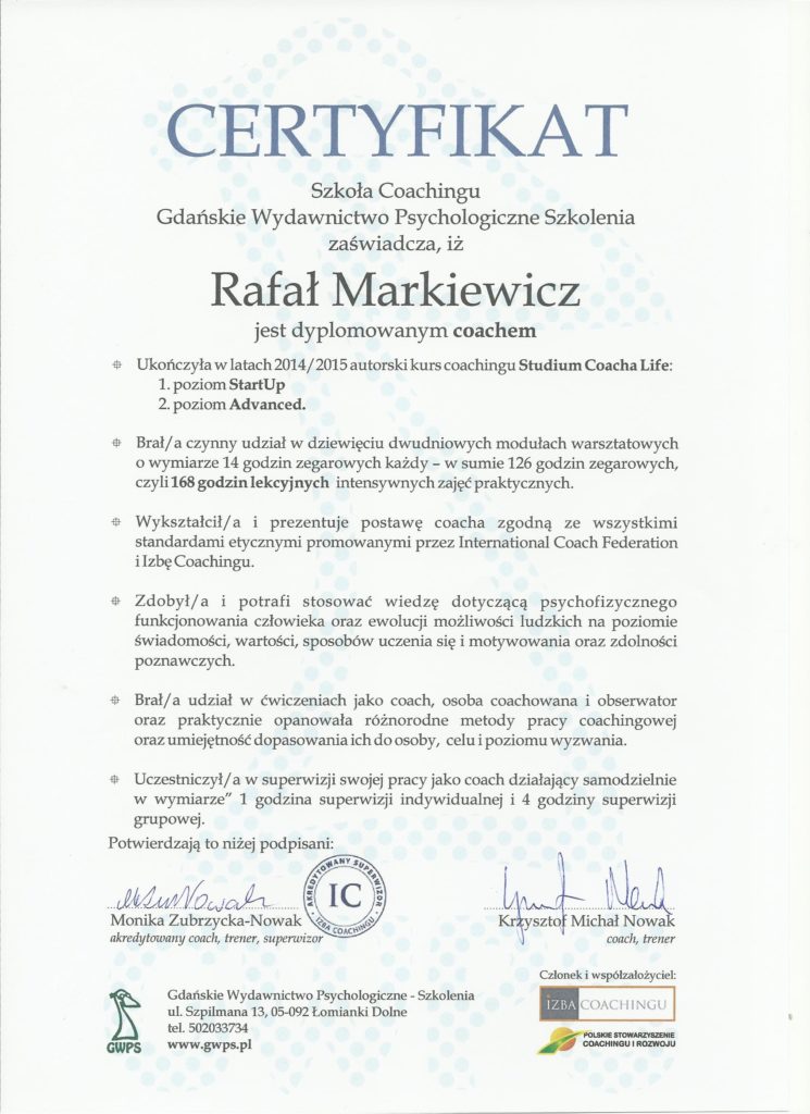 Rafał Markiewicz - coach - certyfikat