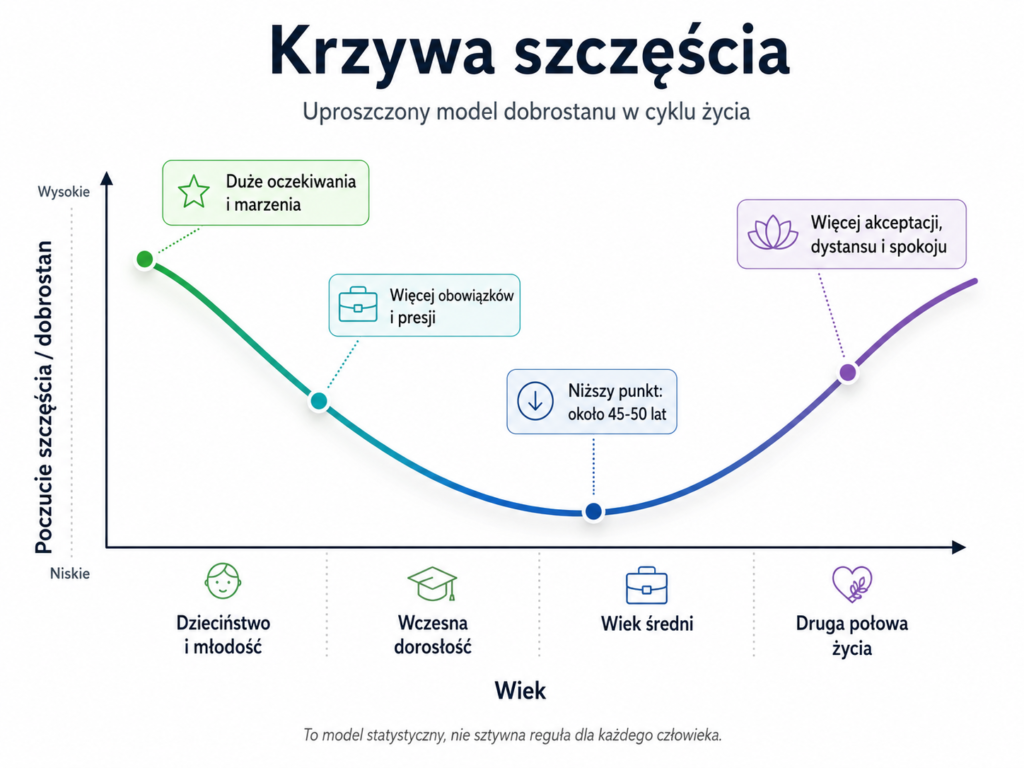 Rafał Markiewicz - coach - coaching - rozwój - osobisty - krzywa szczęścia wykres - druga połowa życia - życie po 50 - szczęście a wiek